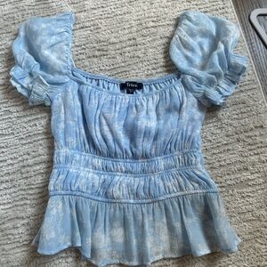 Trina Turk Blue Puff Sleeve Smocked Blouse